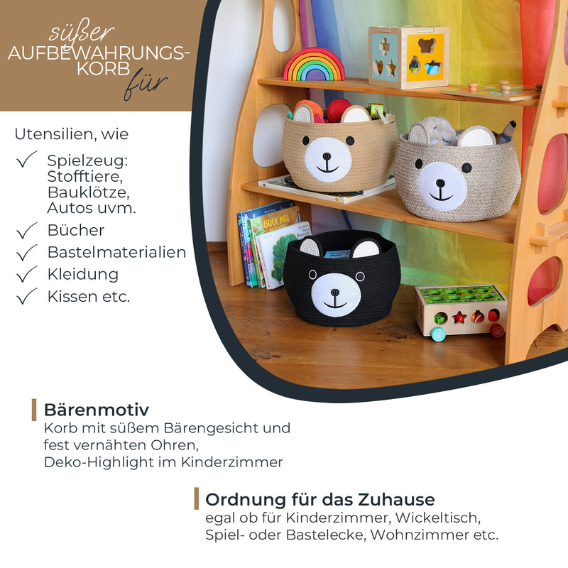 Aufbewahrungskorb mit versteckten Griffen, Korb für Kinderzimmer aus Baumwolle, Bär, HMF 39021, 30 x 24 cm