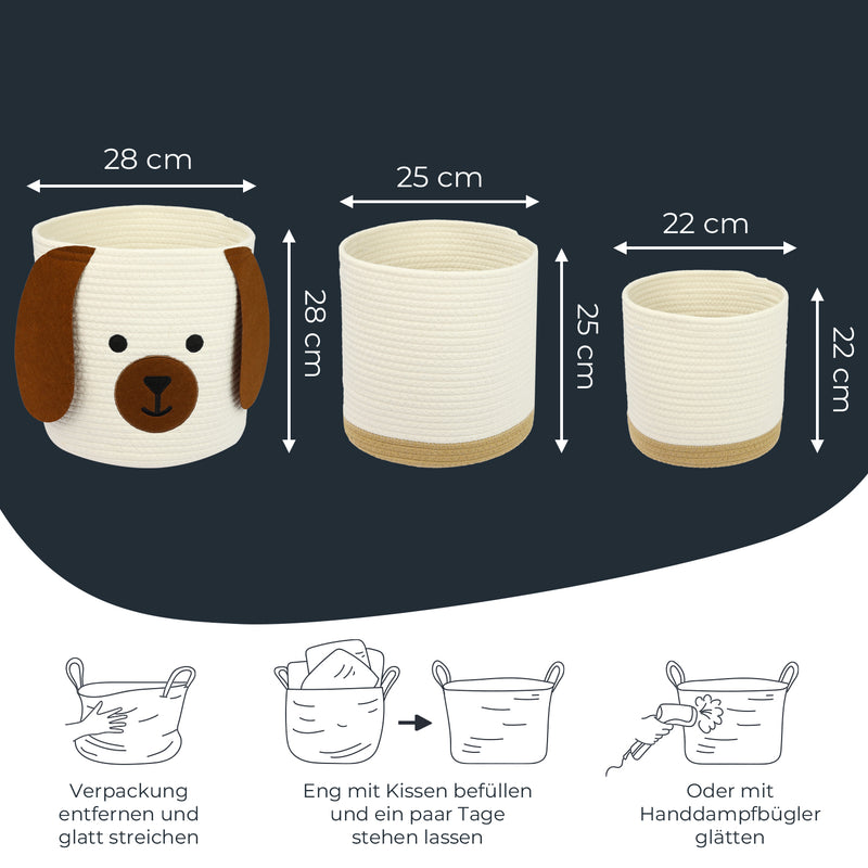 HMF 39022 Aufbewahrungskorb mit versteckten Griffen, 3er Set, Korb für Kinderzimmer aus Baumwolle , Groß, Mittel, Klein