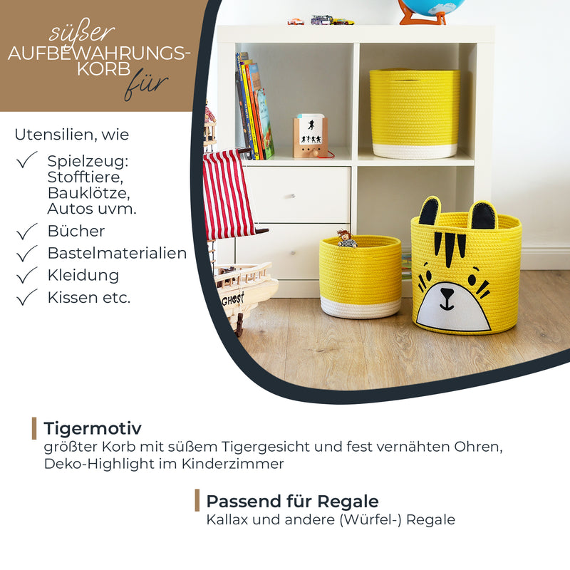 HMF 39022 Aufbewahrungskorb mit versteckten Griffen, 3er Set, Korb für Kinderzimmer aus Baumwolle , Groß, Mittel, Klein