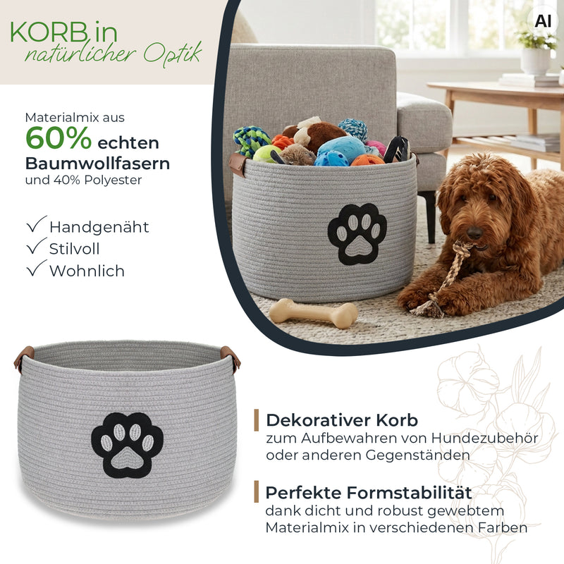 HMF Aufbewahrungskorb für Hundezubehör, runder Korb aus Baumwolle mit Kunstledergriffen, Hundepfoten-Motiv, 45 x 30 cm