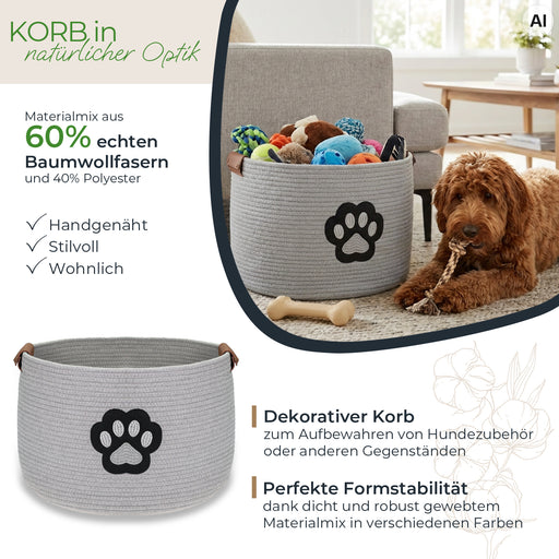 HMF Aufbewahrungskorb für Hundezubehör, runder Korb aus Baumwolle mit Kunstledergriffen, Hundepfoten-Motiv, 45 x 30 cm