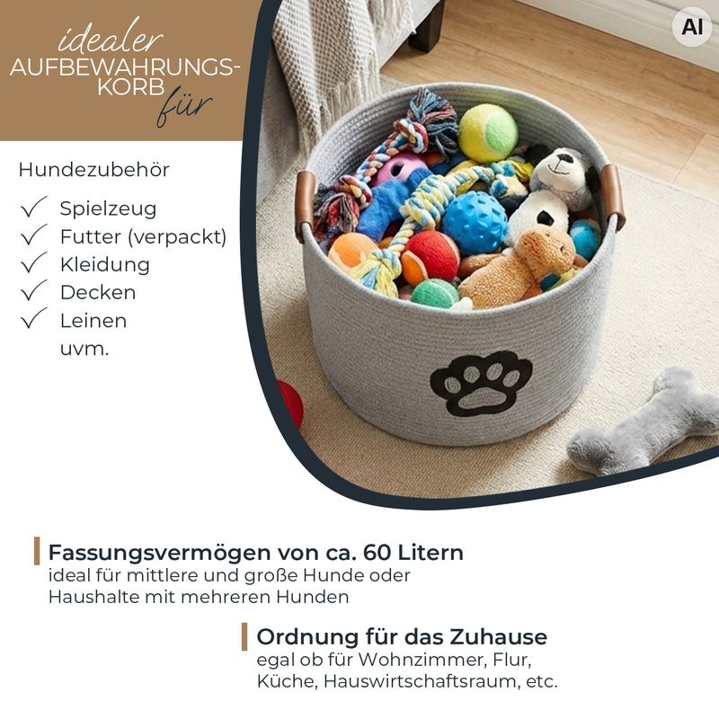 HMF Aufbewahrungskorb für Hundezubehör, runder Korb aus Baumwolle mit Kunstledergriffen, Hundepfoten-Motiv, 45 x 30 cm
