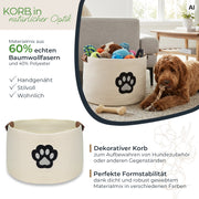 Aufbewahrungskorb für Hundezubehör, runder Korb aus Baumwolle mit Kunstledergriffen, Hundepfoten-Motiv, 45 x 30 cm, Beige-Vanillegelb