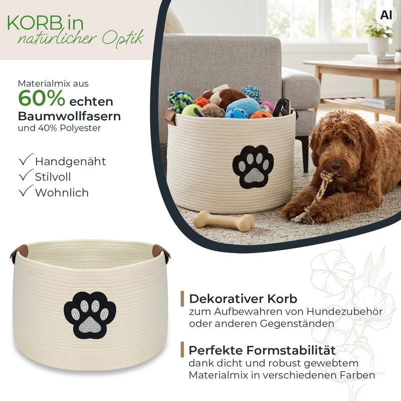 Aufbewahrungskorb für Hundezubehör, runder Korb aus Baumwolle mit Kunstledergriffen, Hundepfoten-Motiv, 45 x 30 cm, Beige-Vanillegelb