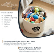 Aufbewahrungskorb für Hundezubehör, runder Korb aus Baumwolle mit Kunstledergriffen, Hundepfoten-Motiv, 45 x 30 cm, Beige-Vanillegelb