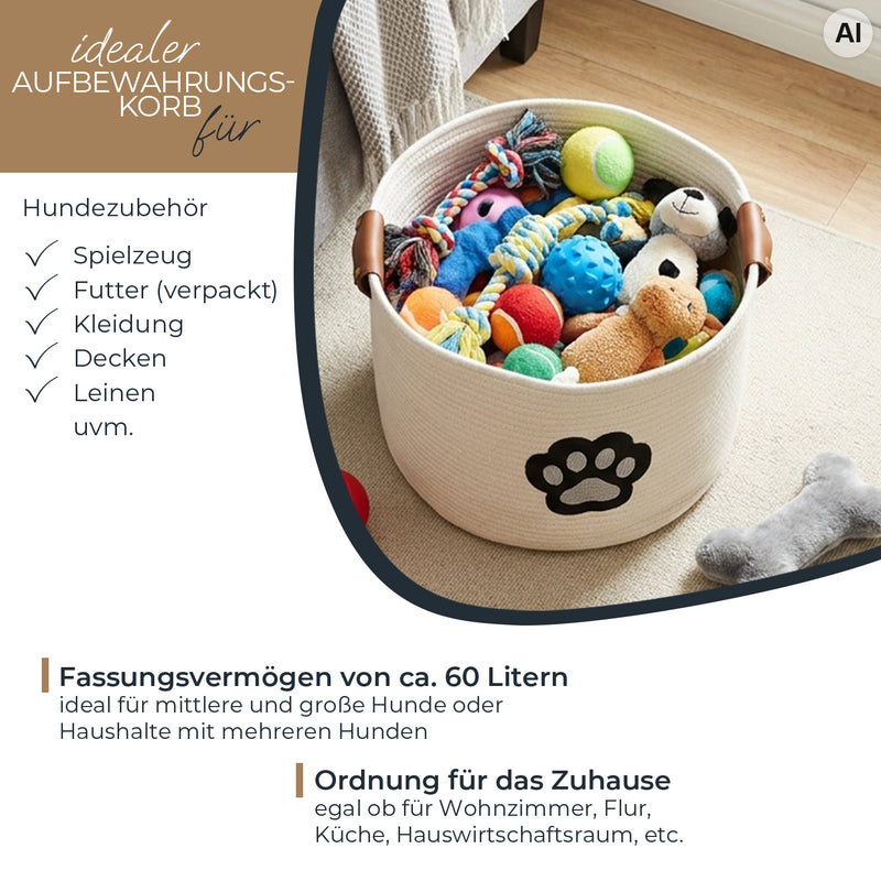 Aufbewahrungskorb für Hundezubehör, runder Korb aus Baumwolle mit Kunstledergriffen, Hundepfoten-Motiv, 45 x 30 cm, Beige-Vanillegelb