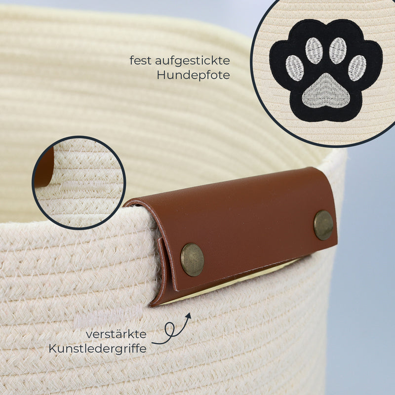 Aufbewahrungskorb für Hundezubehör, runder Korb aus Baumwolle mit Kunstledergriffen, Hundepfoten-Motiv, 45 x 30 cm, Beige-Vanillegelb
