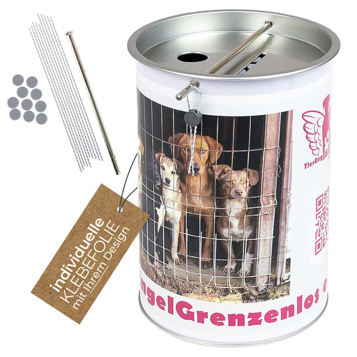 Spendendose mit individueller Klebefolie von HMF mit den Maßen 14.5 x 10 cm in Lichtgrau