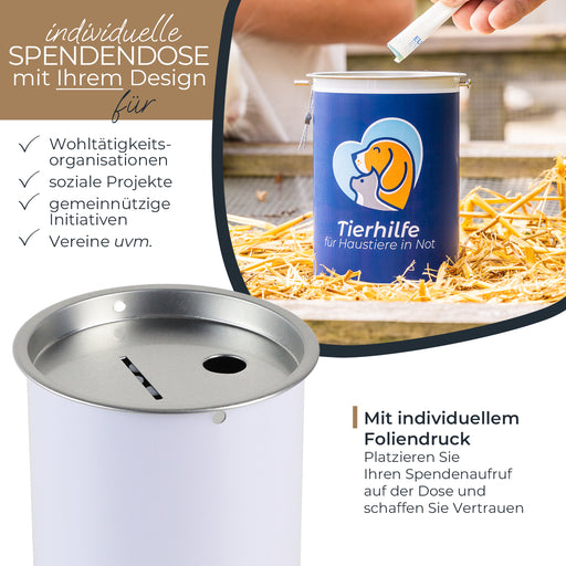 Spendendose mit individueller Klebefolie von HMF mit den Maßen 14.5 x 10 cm in Lichtgrau