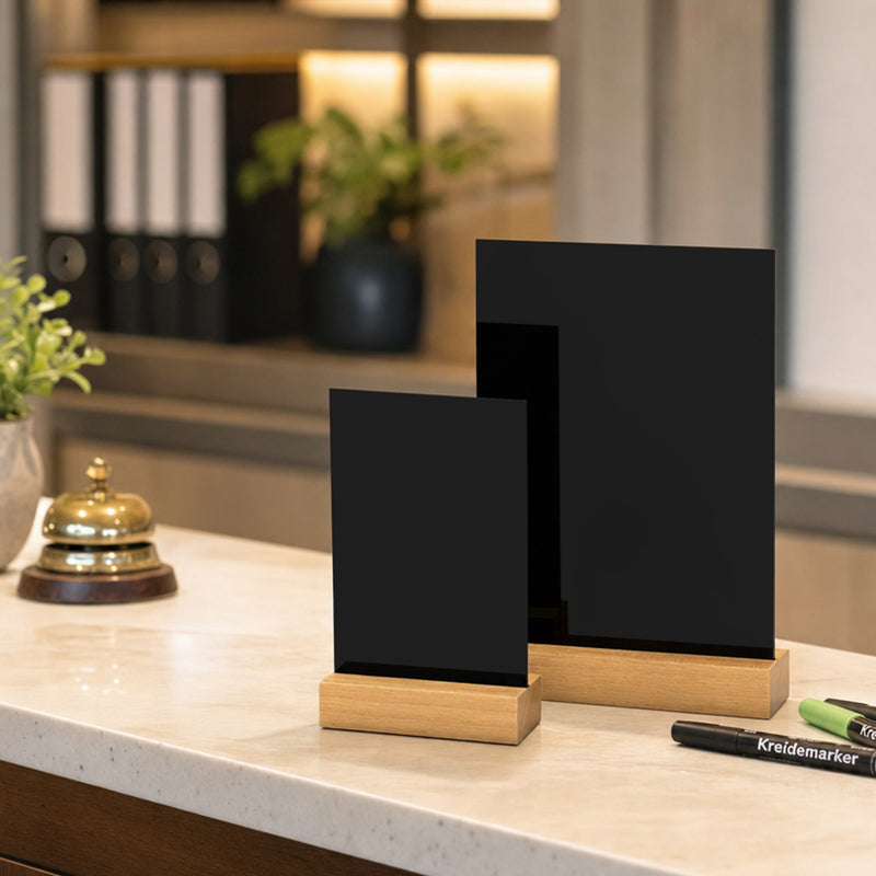 Tischaufsteller Kreidetafel mit Holzfuß, HMF 4645, Hochformat, Schwarz