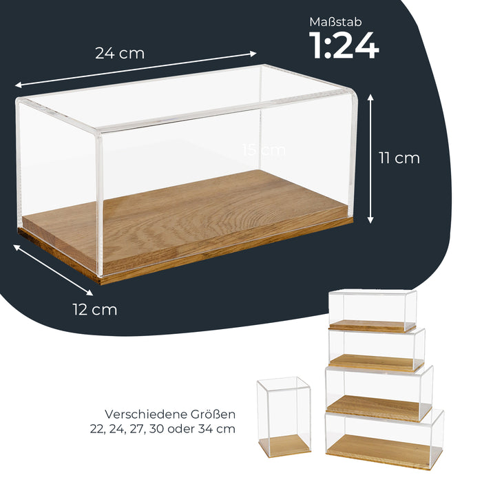 Acryl Vitrine mit Holzsockel für Modellautos von HMF mit den Maßen 24 x 12 x 11 cm