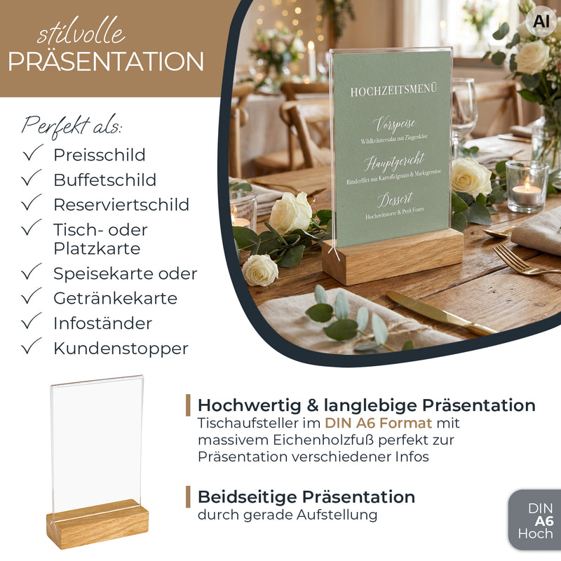 Tischaufsteller mit Holzfuß, Menükartenhalter, HMF 4694, DIN A4 A5 A6, Hoch- Quer