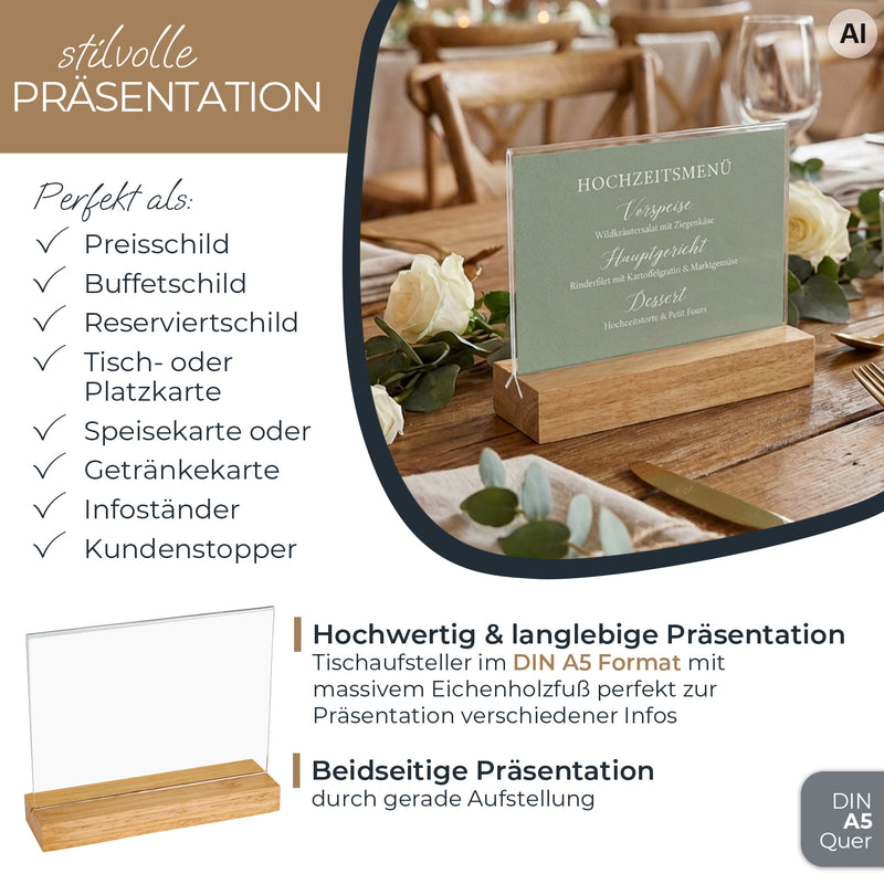 Tischaufsteller mit Holzfuß, Menükartenhalter, HMF 4694, DIN A4 A5 A6, Hoch- Quer