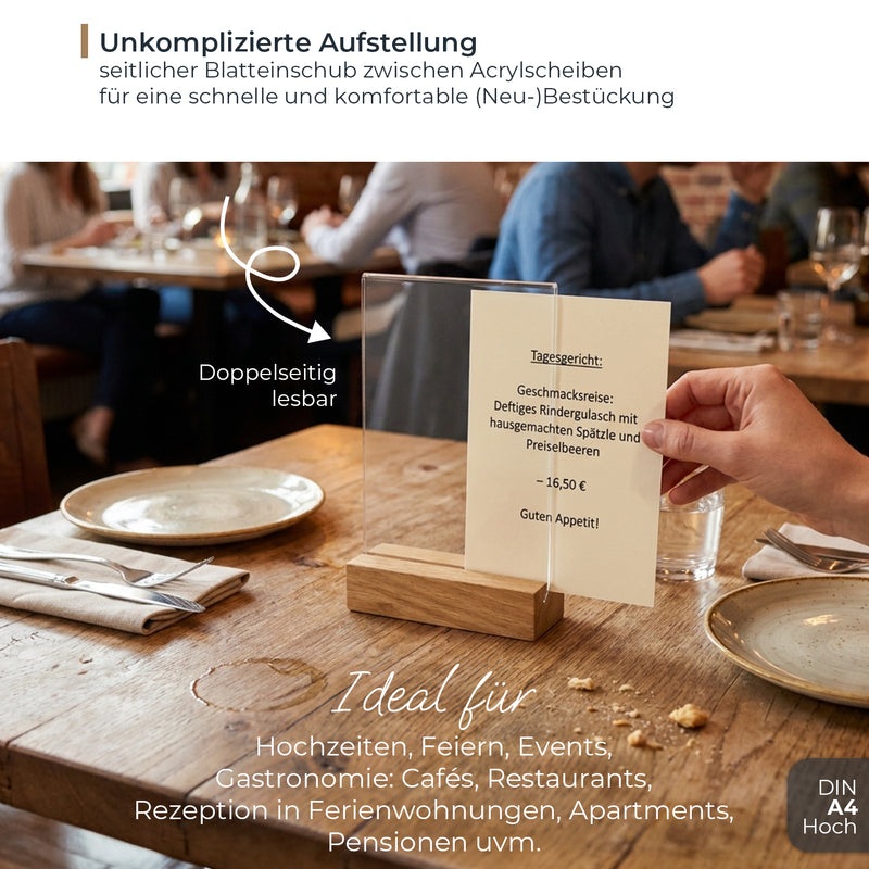 Tischaufsteller mit Holzfuß aus Acryl im Hochformat von HMF in DIN A4