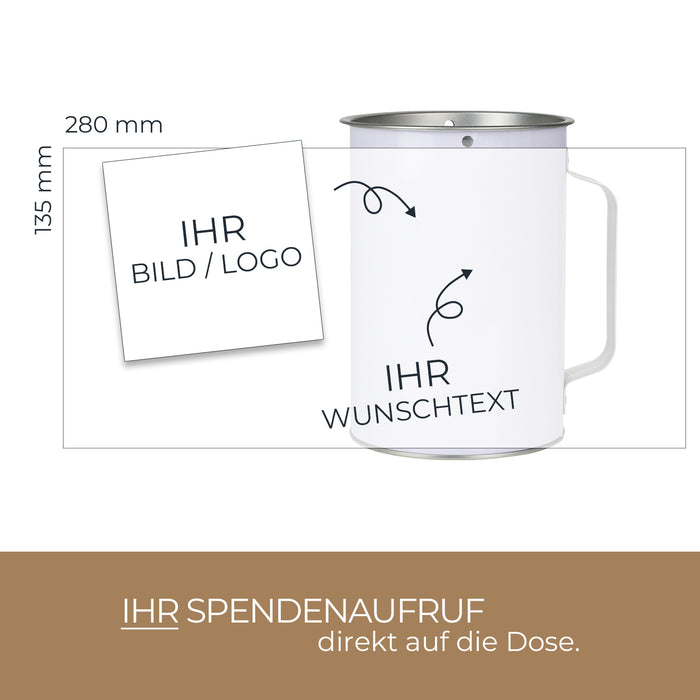 Spendendose mit Griff und individuelle Klebefolie von HMF mit den Maßen 14.5 x 10 cm in Lichtgrau