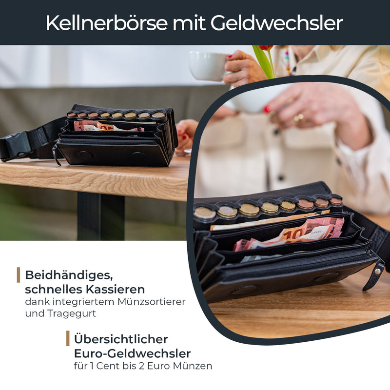 Kellnerbörse Euro-Münzsortierer Tragegurt HMF 48830-02 20.5 x 10 x 7 cm Leder