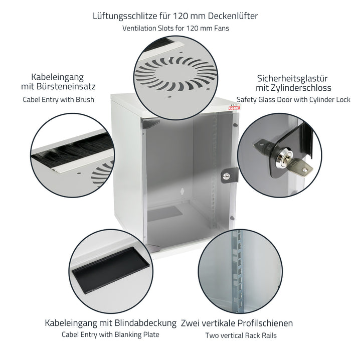 10 Zoll Serverschrank mit 9 Höheneinheiten von HMF mit 300 mm Tiefe in Lichtgrau