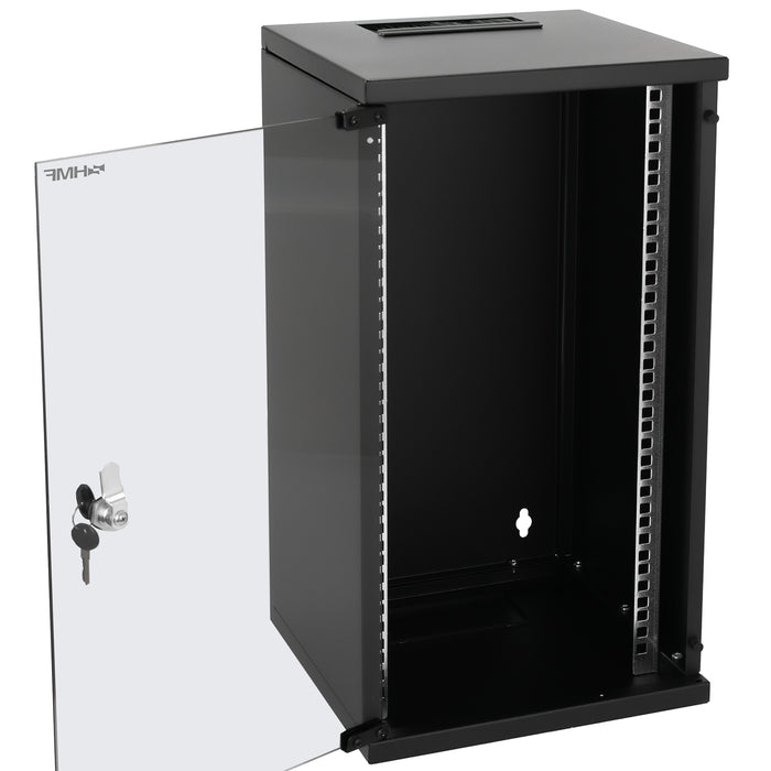 HMF Netzwerkschrank Serverschrank 10 Zoll 12 HE 300 mm Tiefe Voll montiert Glastür Schwarz