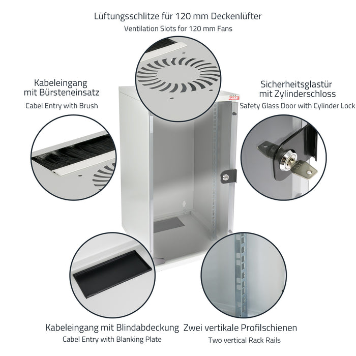 10 Zoll Serverschrank mit 12 Höheneinheiten von HMF mit 300 mm Tiefe in Lichtgrau