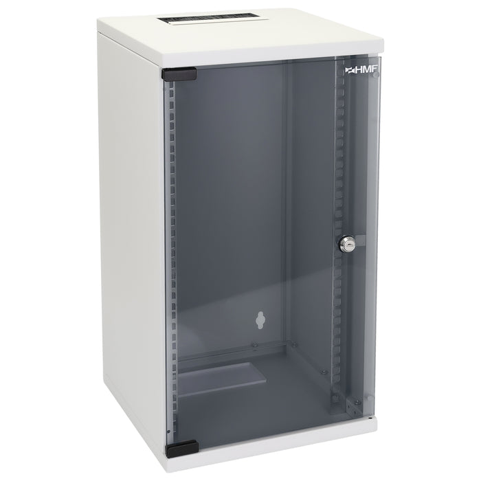 HMF Netzwerkschrank Serverschrank 10 Zoll 12 HE 300 mm Tiefe Voll montiert Glastür Lichtgrau