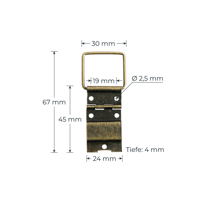Deko Scharnier aus Metall für Vintage Koffer im 2er Set von HMF mit den Maßen 30 x 67 mm in Bronze