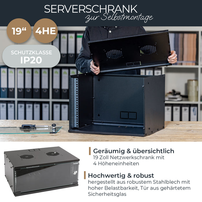 Unmontierter 19 Zoll Serverschrank von HMF mit 4 Höheneinheiten in Schwarz