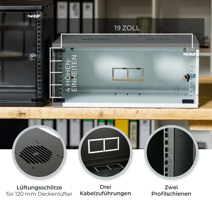 Unmontierter 19 Zoll Serverschrank von HMF mit 4 Höheneinheiten in Schwarz