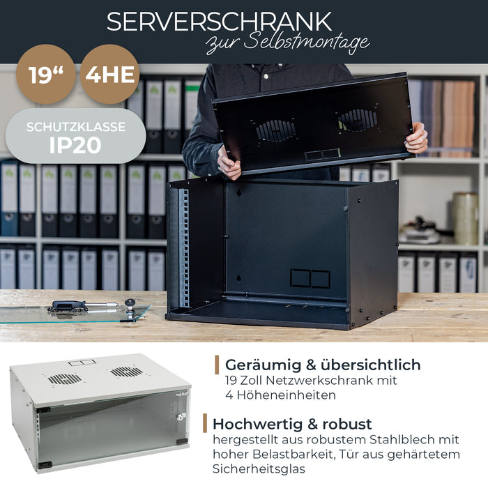 Unmontierter 19 Zoll Serverschrank von HMF mit 4 Höheneinheiten in Lichtgrau
