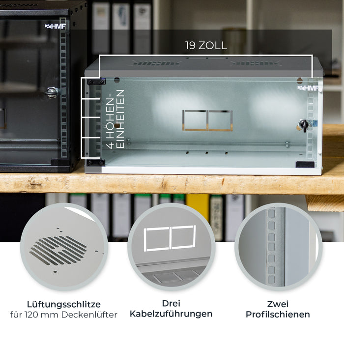 Unmontierter 19 Zoll Serverschrank von HMF mit 4 Höheneinheiten in Lichtgrau