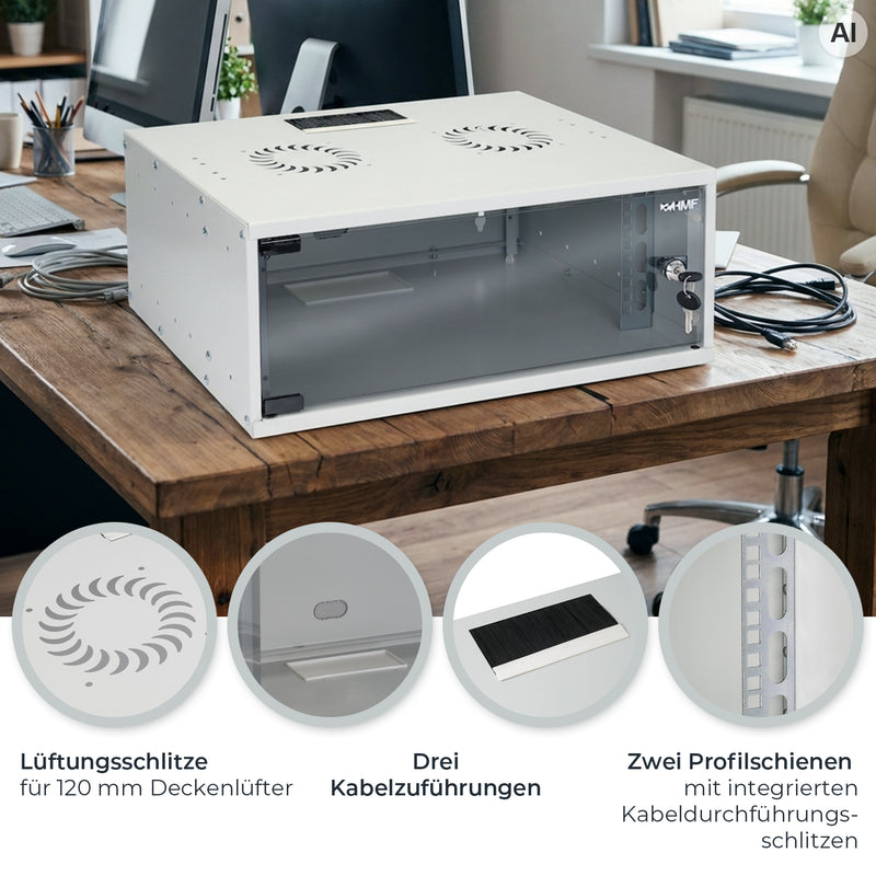 Unmontierter 19 Zoll Serverschrank von HMF mit 4 Höheneinheiten in Lichtgrau