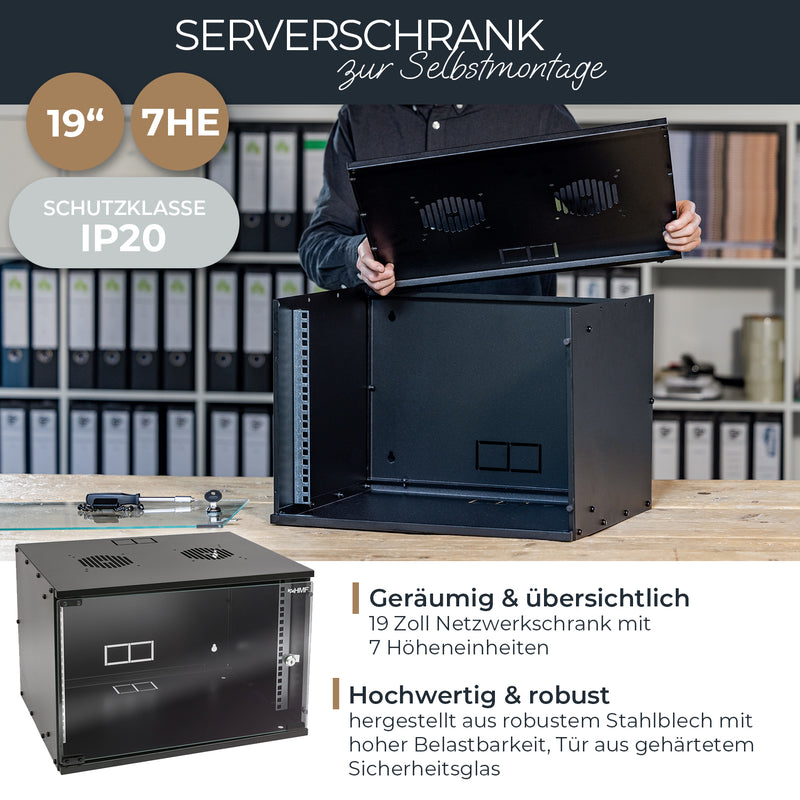 Unmontierter 19 Zoll Serverschrank von HMF mit 7 Höheneinheiten in Schwarz