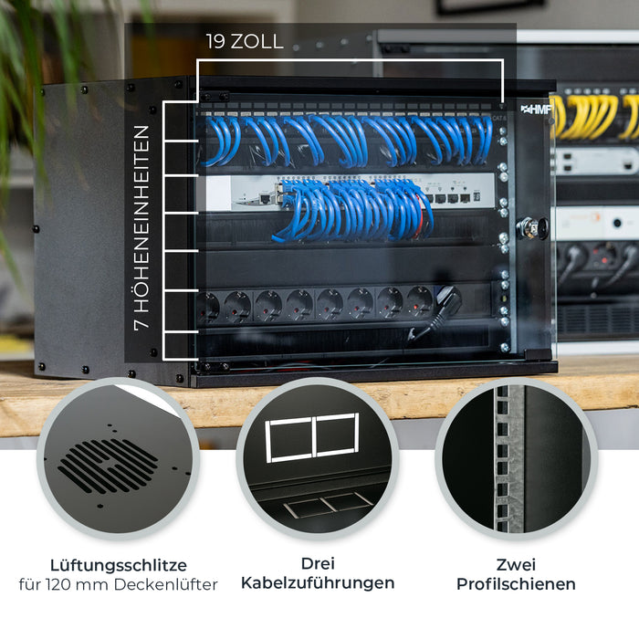 Unmontierter 19 Zoll Serverschrank von HMF mit 7 Höheneinheiten in Schwarz