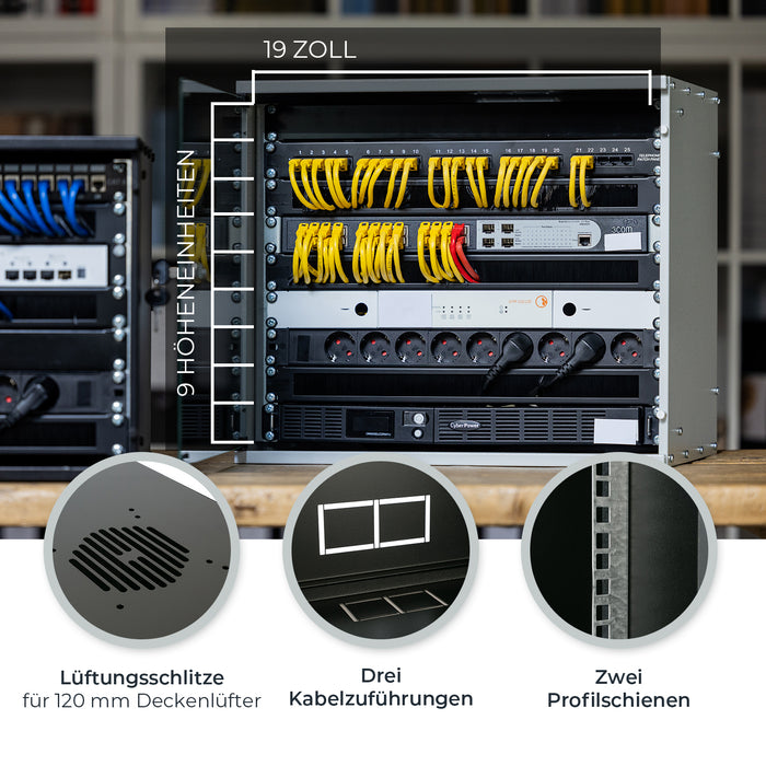 Unmontierter 19 Zoll Serverschrank von HMF mit 9 Höheneinheiten in Schwarz