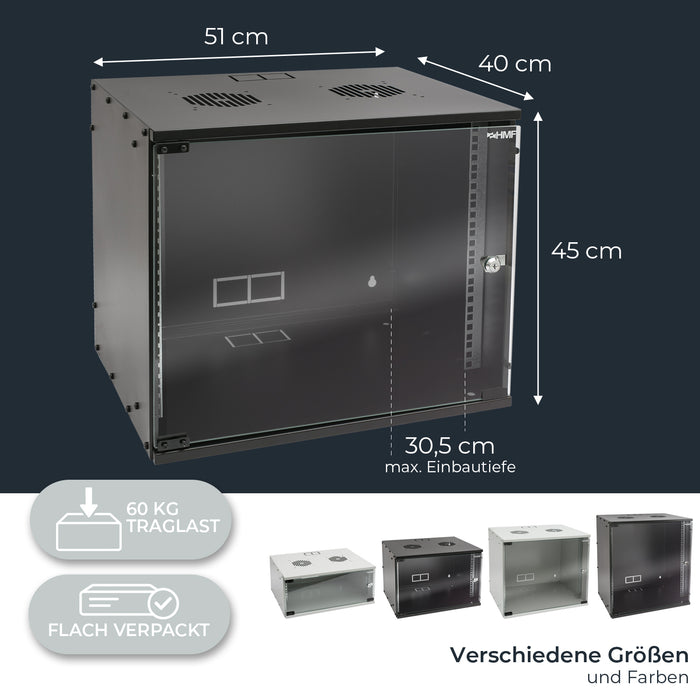 Unmontierter 19 Zoll Serverschrank von HMF mit 9 Höheneinheiten in Schwarz