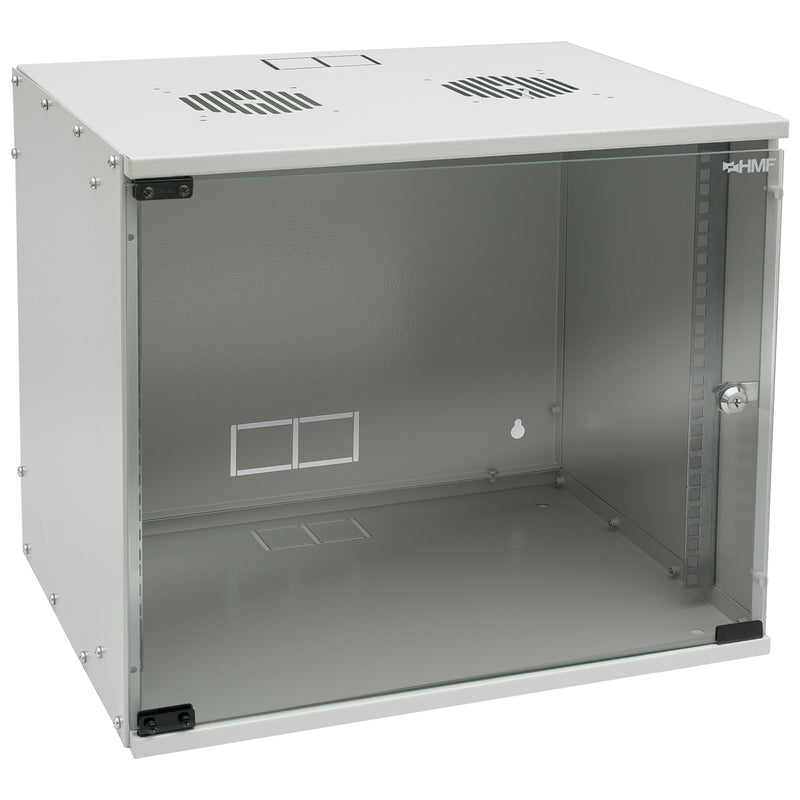 Unmontierter 19 Zoll Serverschrank von HMF mit 9 Höheneinheiten in Lichtgrau