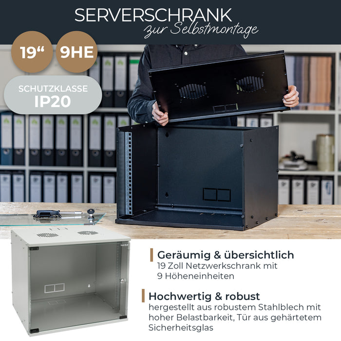 Unmontierter 19 Zoll Serverschrank von HMF mit 9 Höheneinheiten in Lichtgrau