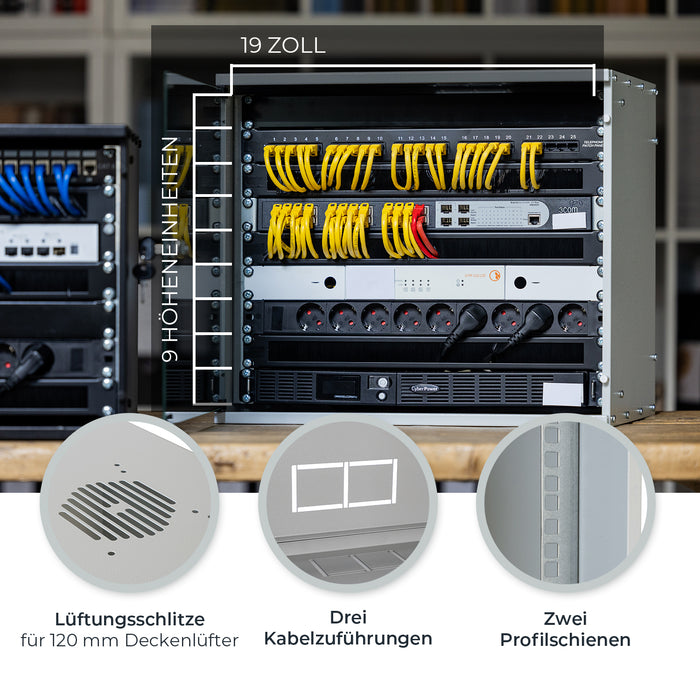 Unmontierter 19 Zoll Serverschrank von HMF mit 9 Höheneinheiten in Lichtgrau
