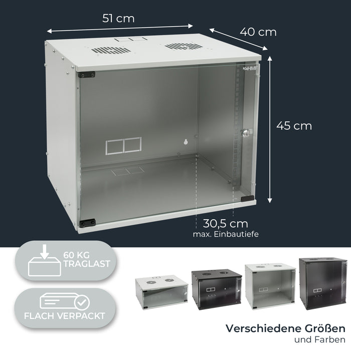 Unmontierter 19 Zoll Serverschrank von HMF mit 9 Höheneinheiten in Lichtgrau