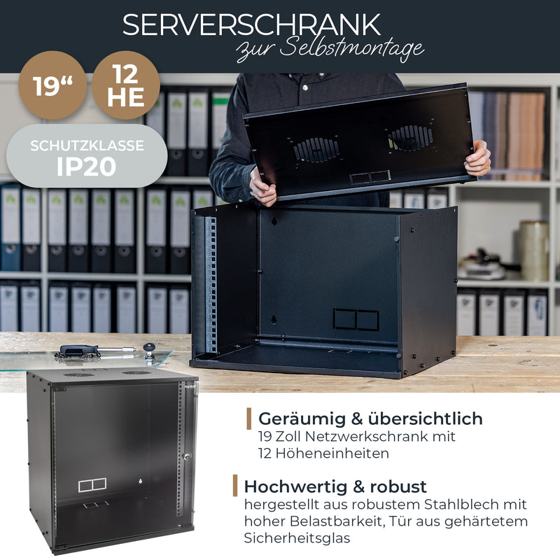 Unmontierter 19 Zoll Serverschrank von HMF mit 12 Höheneinheiten in Schwarz