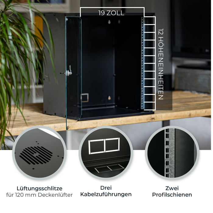 Unmontierter 19 Zoll Serverschrank von HMF mit 12 Höheneinheiten in Schwarz