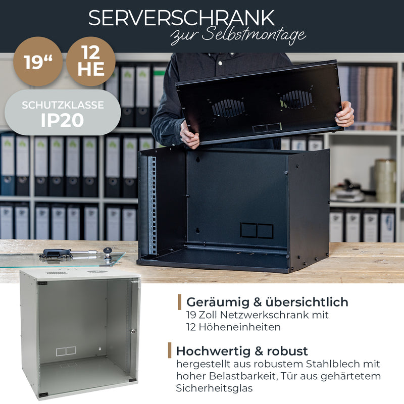 Unmontierter 19 Zoll Serverschrank von HMF mit 12 Höheneinheiten in Lichtgrau