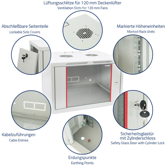 19 Zoll Serverschrank mit 7 Höheneinheiten von HMF mit 45 cm Tiefe in Lichtgrau