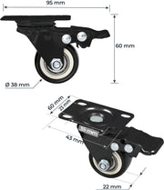 Schwerlastrollen aus Polyurethan mit Bremse 4er Set HMF 6710 38 mm Schwarz Schräge Seitenansicht