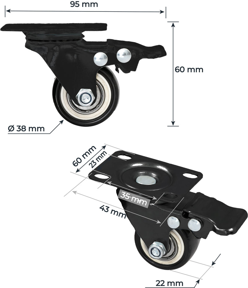 Schwerlastrollen aus Polyurethan mit Bremse 4er Set HMF 6710 38 mm Schwarz Schräge Seitenansicht