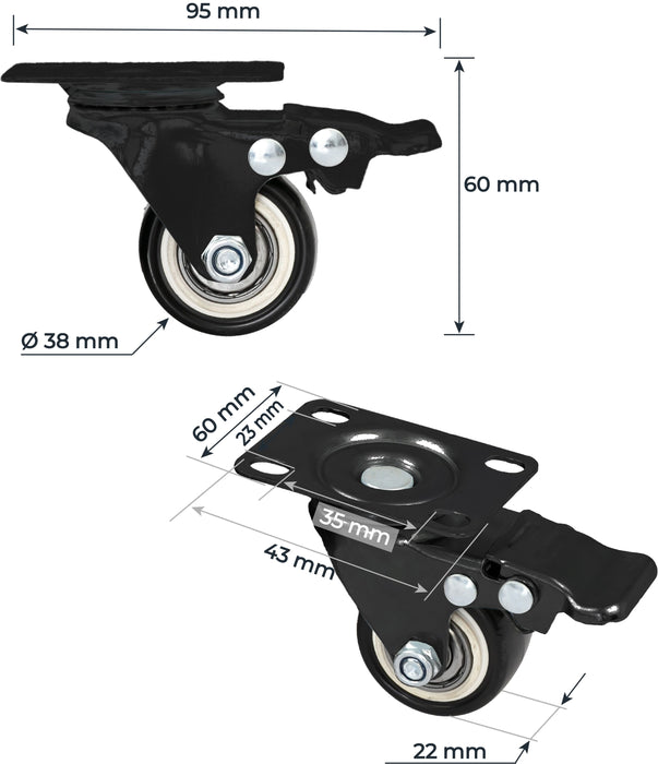 Schwerlastrollen aus Polyurethan mit Bremse 4er Set HMF 6710 38 mm Schwarz Schräge Seitenansicht