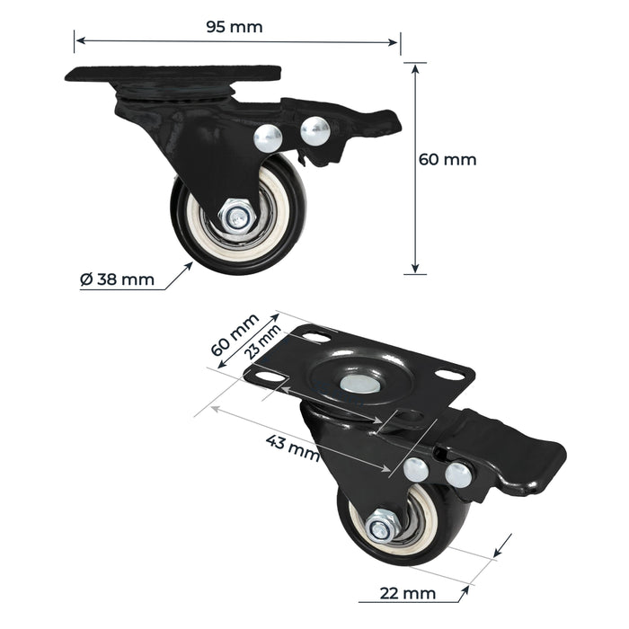 Schwerlastrollen aus Polyurethan mit Bremse, 4er Set, HMF 6710, 75 mm und 100 mm