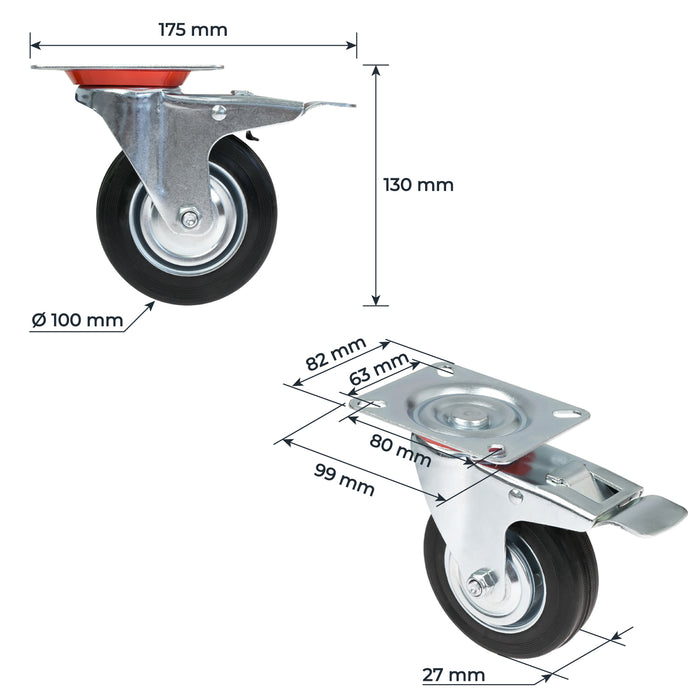 Schwerlastrollen aus Vollgummi, 4er Set, HMF 6790, 75 mm, 100 mm und 125 mm