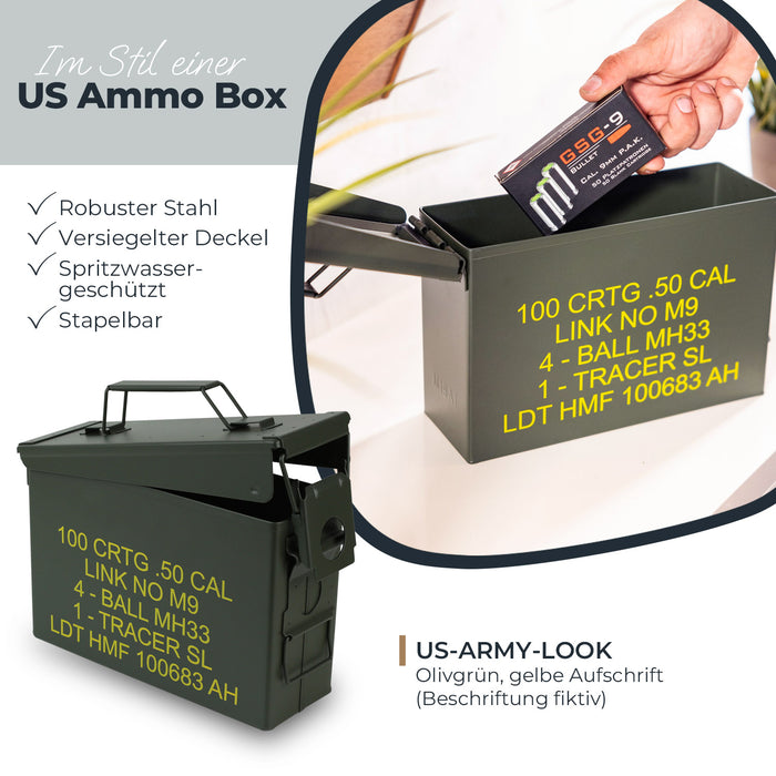 US Ammo Box als Munitionskoffer aus Metall von HMF mit den Maßen 27.5 x 17.5 x 9.5 cm in grün