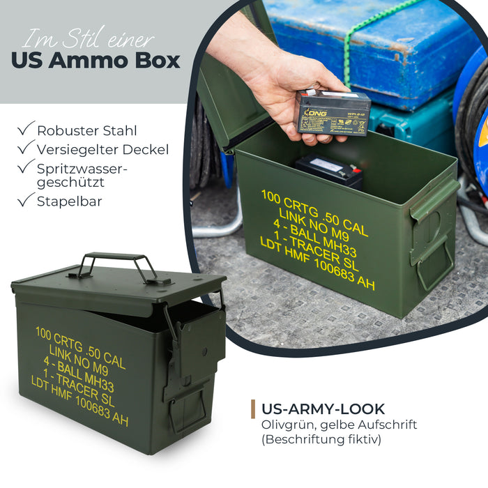 US Ammo Box als Munitionskoffer aus Metall von HMF mit den Maßen 30 x 19 x 15.5 cm in grün