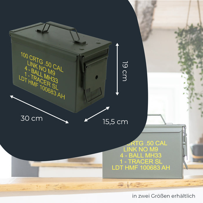 US Ammo Box als Munitionskoffer aus Metall von HMF mit den Maßen 30 x 19 x 15.5 cm in grün